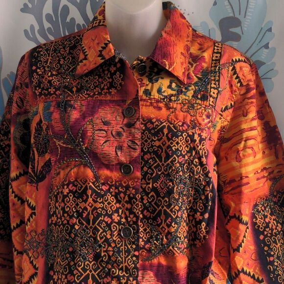 Coldwater Creek Orange Southwestern Floral Design Cotton Jacket Sz S - Picture 2 of 12